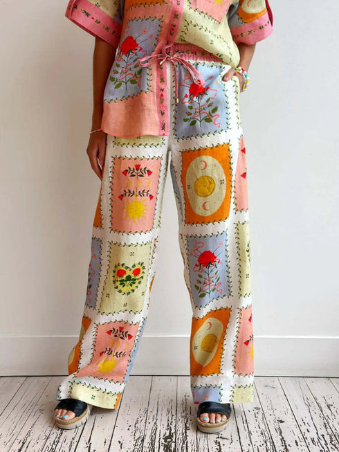 'Duneberry' Garden Print Button Down Shirt and Pants Set - Celes Fashion